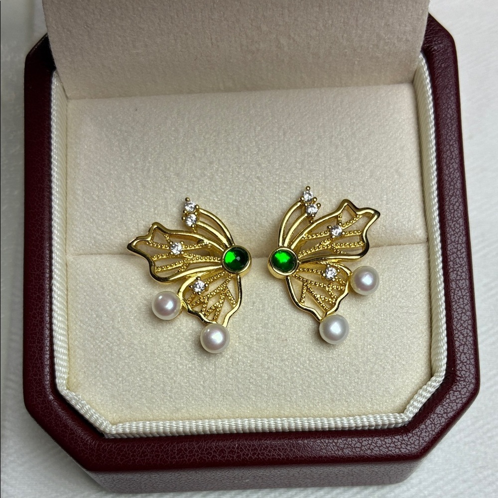 Gold Butterfly Pearl Drop Earrings|Sterling Silver Posts|Christmas Gift for Her
